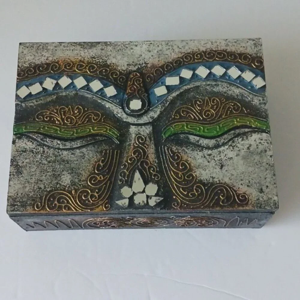 Face of Buddha VTG Wooden Jewelry Box W Mirrors Details 7